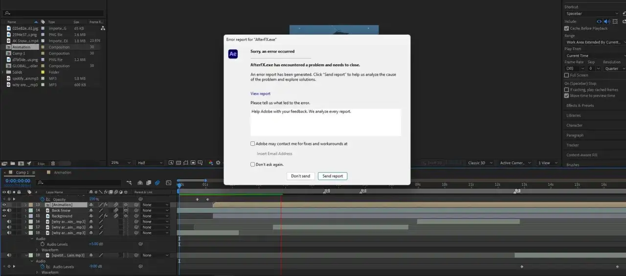 After Effects crashes with an error report. This is why After Effects keeps crashing.