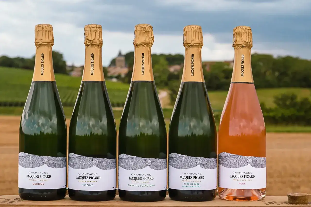 Cinq bouteilles de champagne Jacques Picard, dont une rosé, prêtes pour un apéro maison. Le vignoble en arrière-plan promet une dégustation authentique.