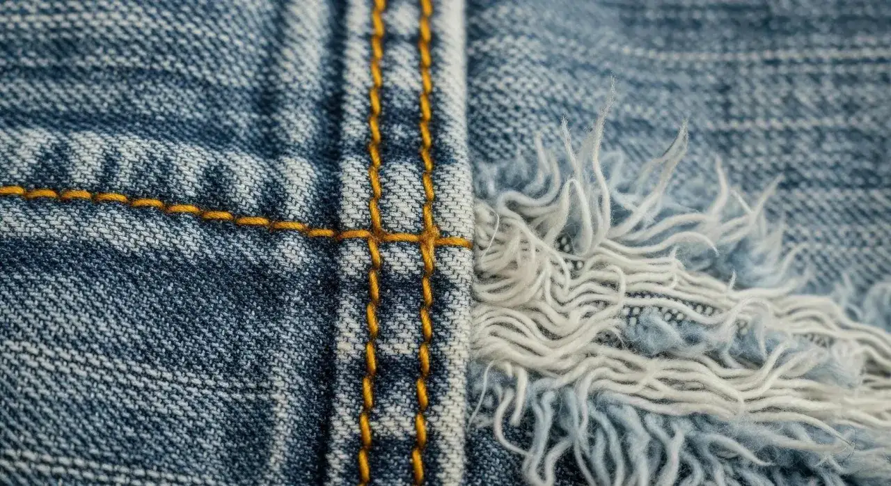 Dettaglio di jeans con cuciture gialle e bordo sfilacciato, che evoca un look vissuto e un significato di stile slavato.