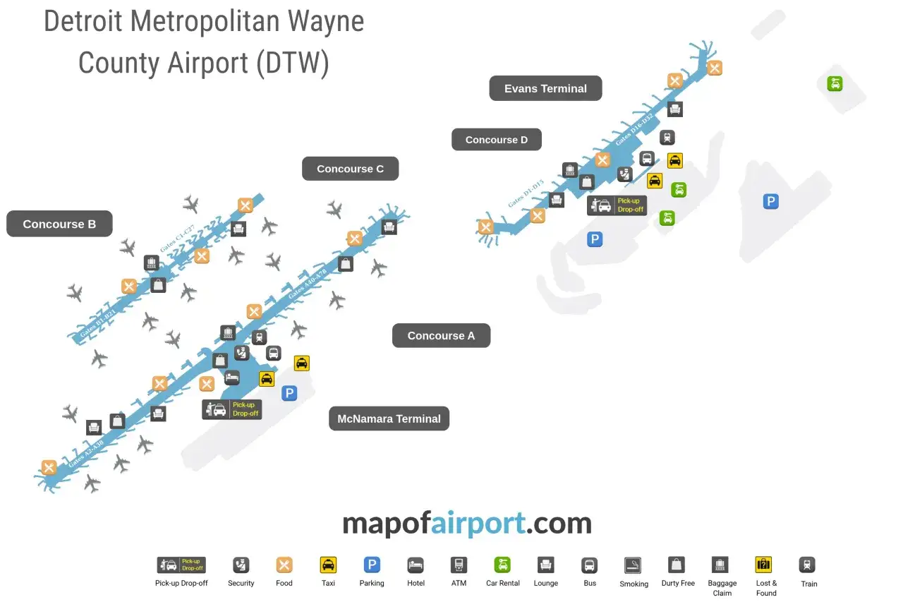 Mapa lotniska DTW: concourse B, C, A, D, Evans Terminal, McNamara Terminal, parking, pick-up/drop-off, samoloty.
