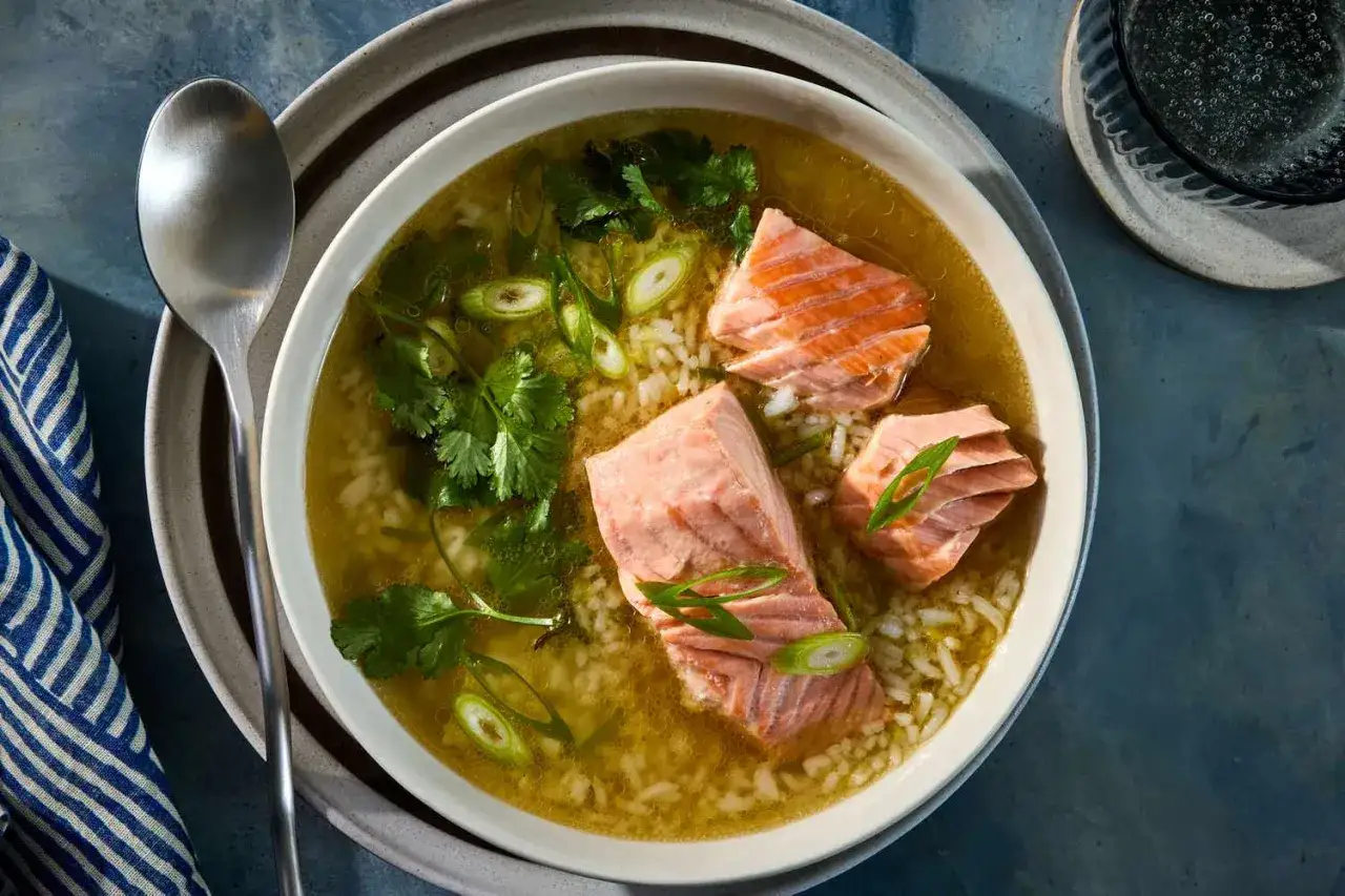 A comforting salmon ochazuke recipe with fluffy rice, tender salmon, and fresh cilantro.