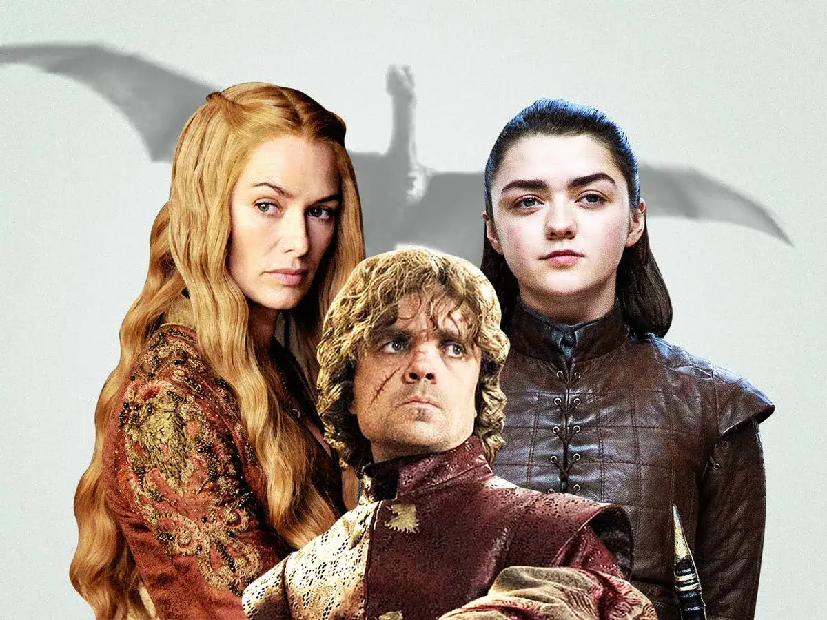 Cersei, Arya i Tyrion z serialu Gra o tron. W tle cień smoka.