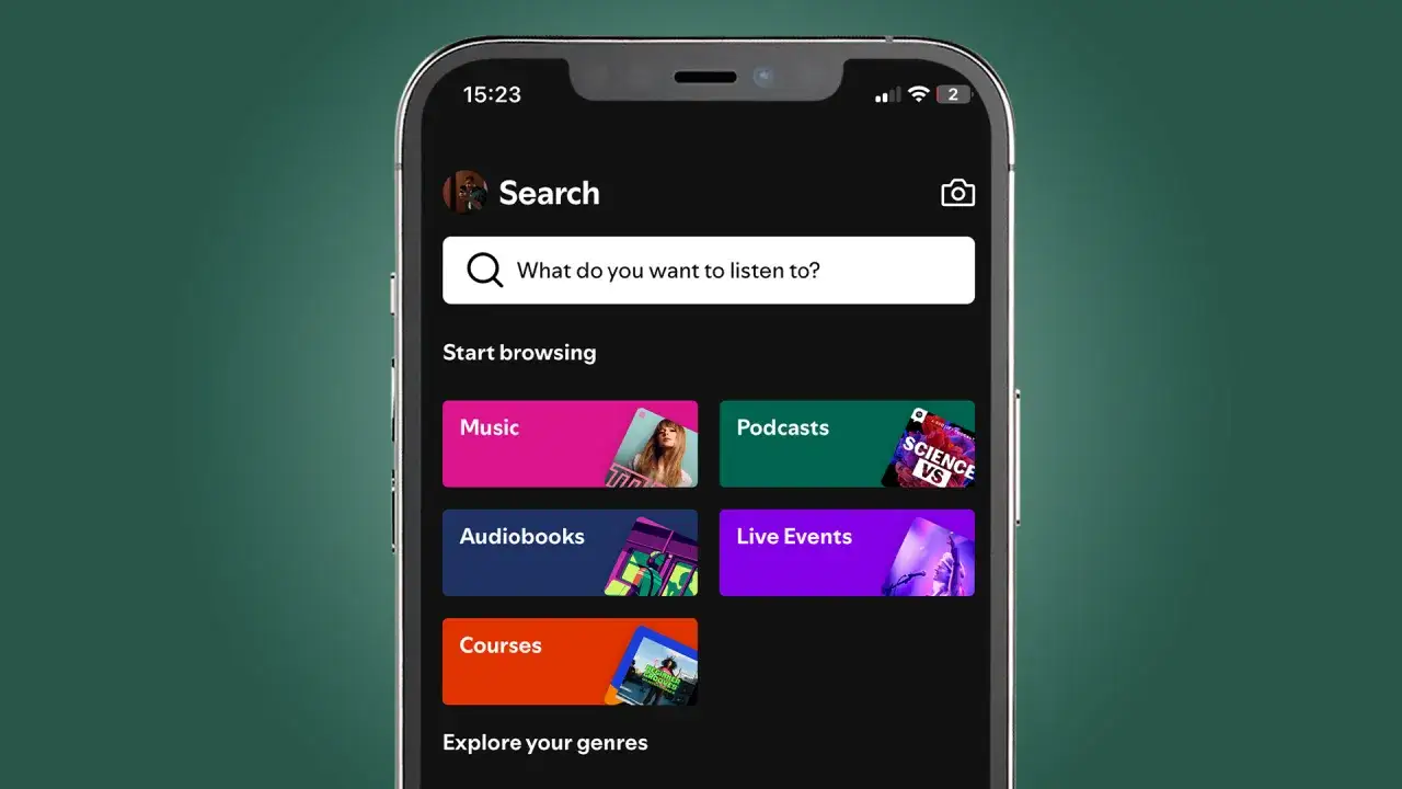 Spotify app screen showing search bar and categories like Music, Podcasts, Audiobooks, Live Events, and Courses, offering diverse spotify genres.