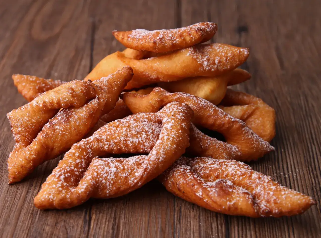 Une pile de beignets torsad&eacute;s saupoudr&eacute;s de sucre glace sur une table en bois.