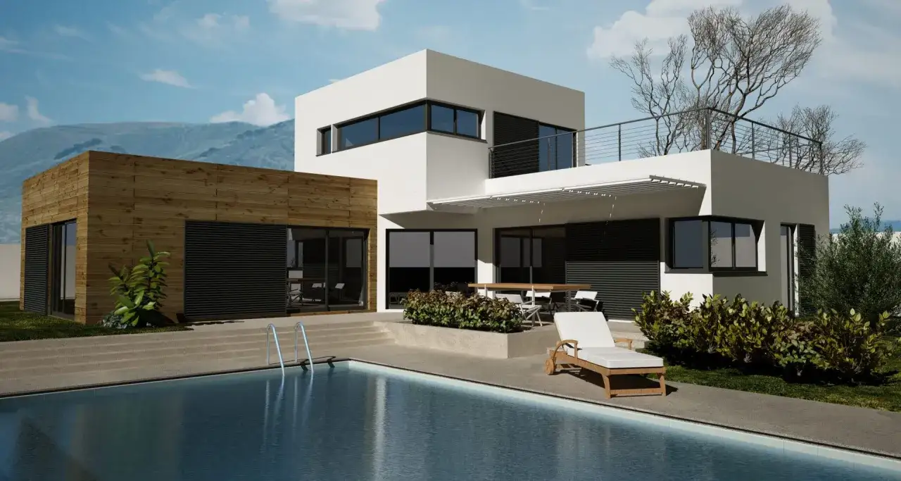 Maison moderne avec piscine et terrasse. Une extension maison container en bois s'int&egrave;gre parfaitement au design.