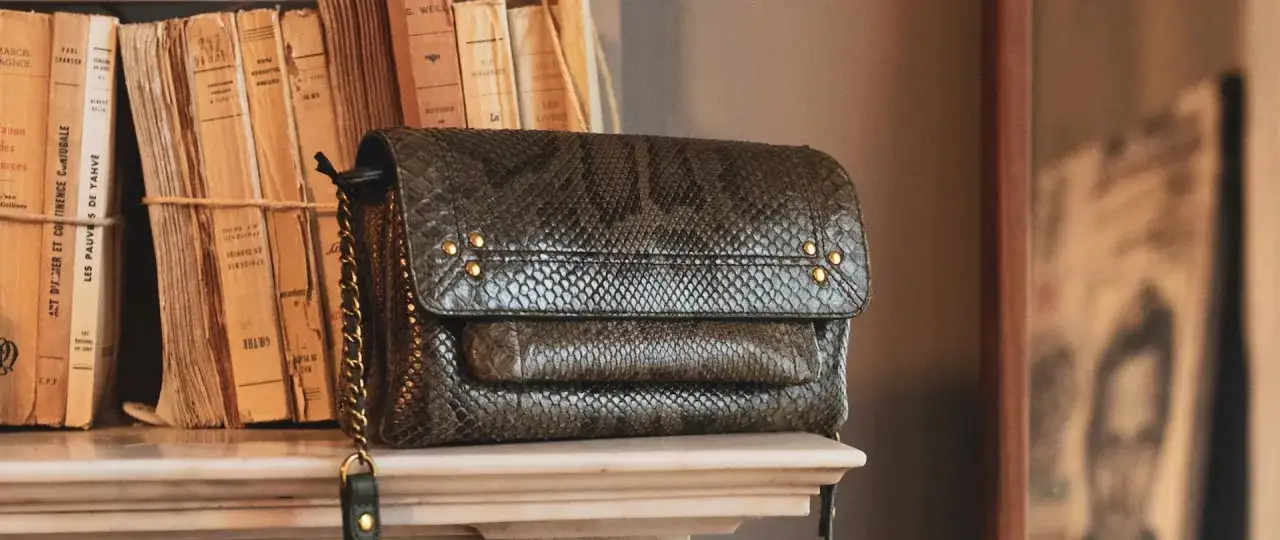 Sac à main en cuir façon serpent, posé sur une étagère avec des livres anciens. Un accessoire chic pour un entretien sac cuir réussi.
