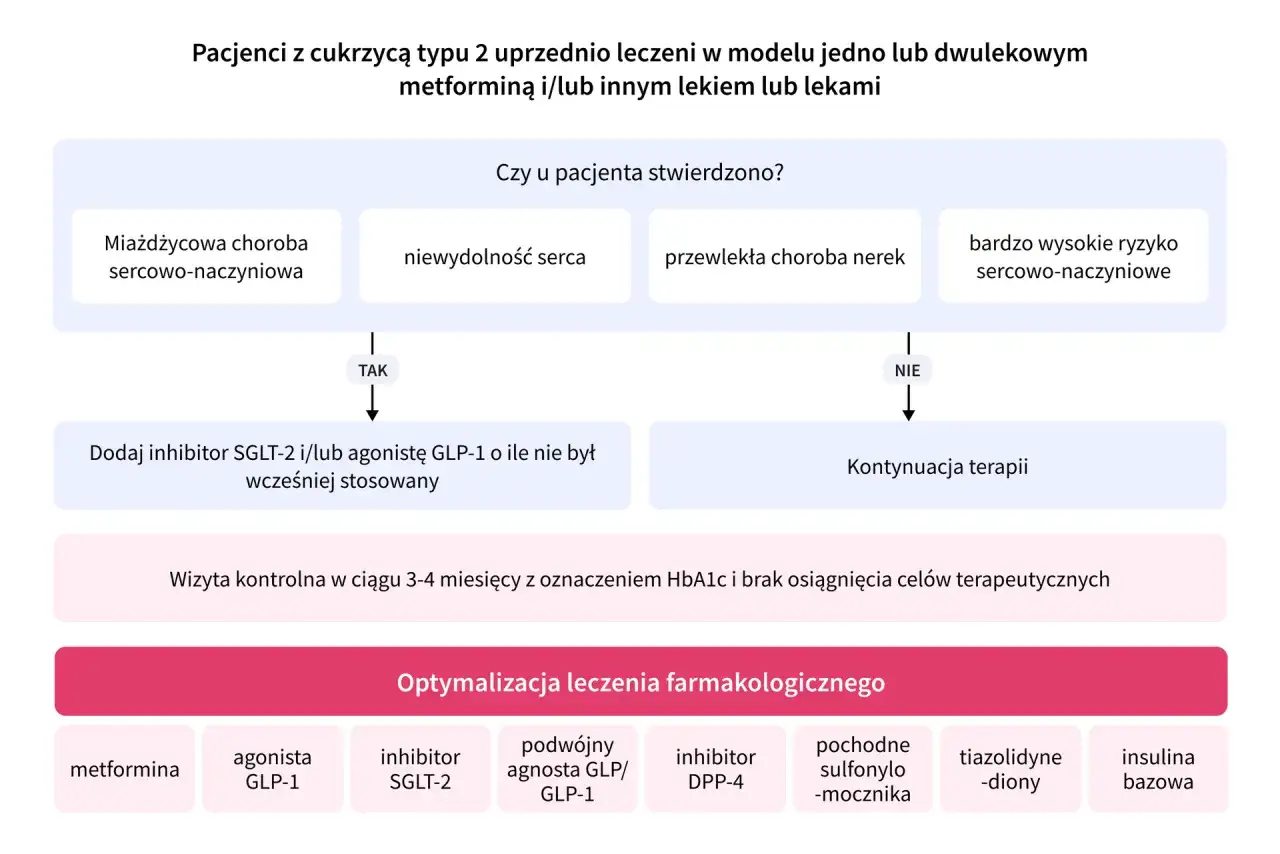 Schemat optymalizacji leczenia cukrzycy typu 2. Decyzje o dawkowaniu insuliny i innych lek&oacute;w zależą od chor&oacute;b wsp&oacute;łistniejących.