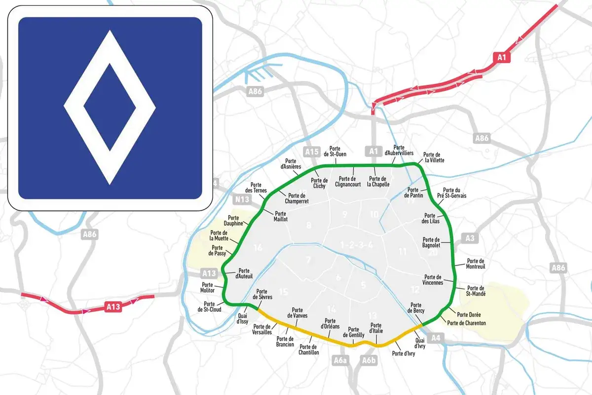 Carte de Paris indiquant les voies de covoiturage. Le symbole bleu avec un losange blanc signale une voie réservée au covoiturage.