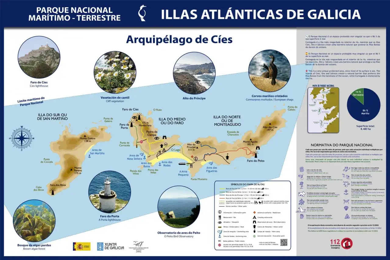 Mapa del archipiélago de Cíes, en las islas Galicia, con rutas, faros y puntos de interés.