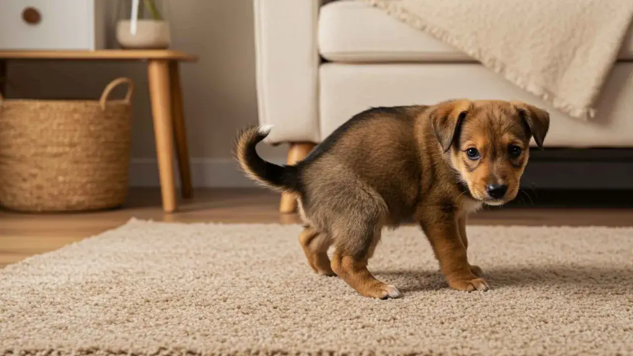Cachorro marr&oacute;n en alfombra, aprendiendo como ense&ntilde;ar a un cachorro a no mearse en casa.