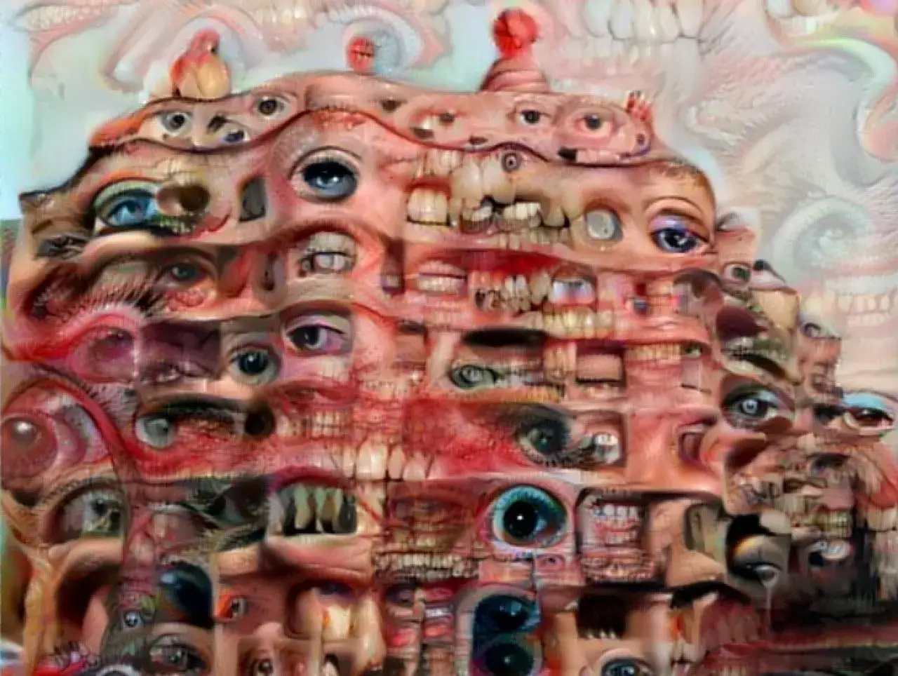 A surreal, nightmarish landscape of eyes and teeth, a disturbing example of horror art styles.