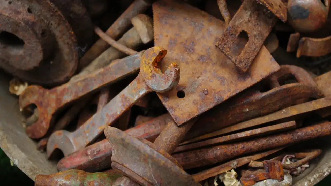 Herramientas oxidadas, como quitar el &oacute;xido del hierro de forma casera. Llaves, discos y piezas met&aacute;licas cubiertas de &oacute;xido.