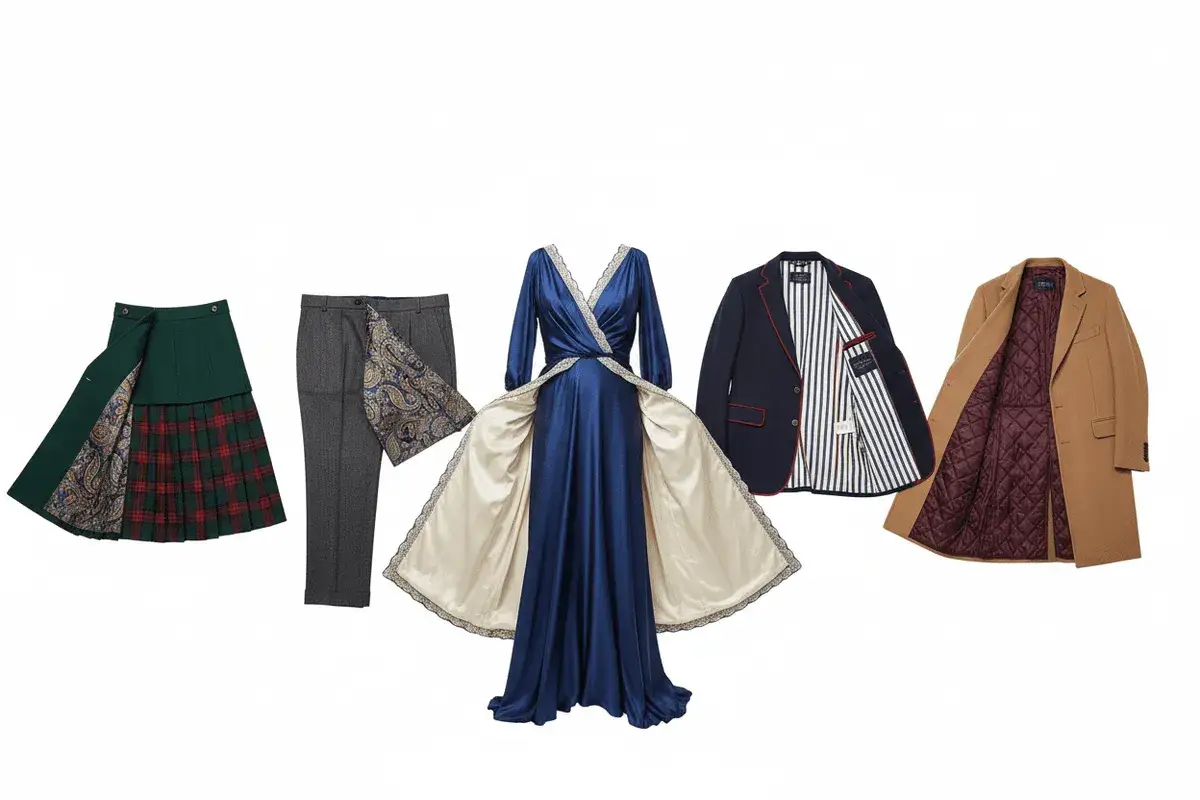Jupe écossaise, pantalon, robe bleue satinée, blazer et manteau camel. Les doublures révèlent des motifs paisley, rayés et matelassés, montrant quel tissu pour doublure choisir.