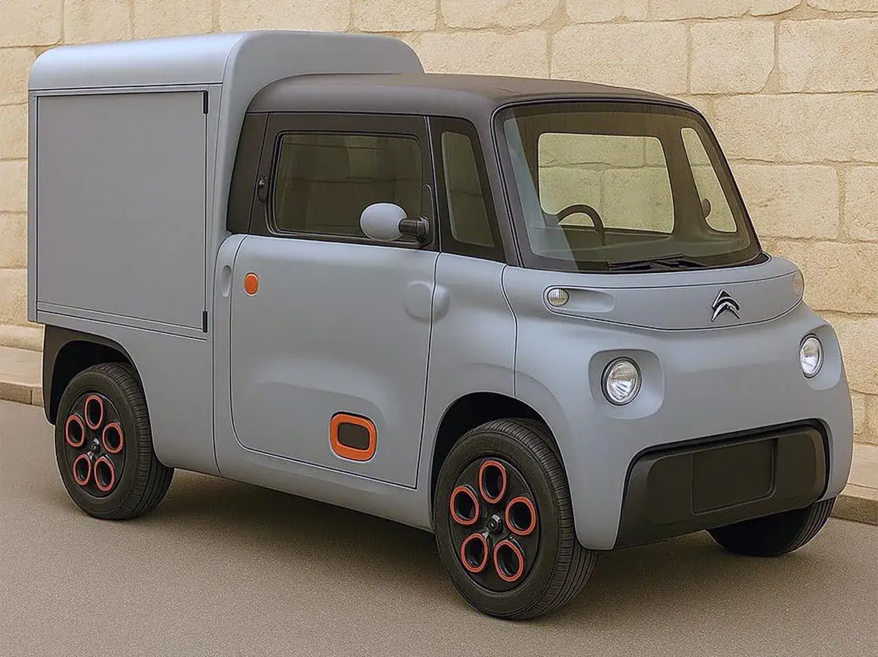 Szary Citroen Ami Cargo z pomarańczowymi akcentami. Sprawdź atrakcyjną citroen ami cena!