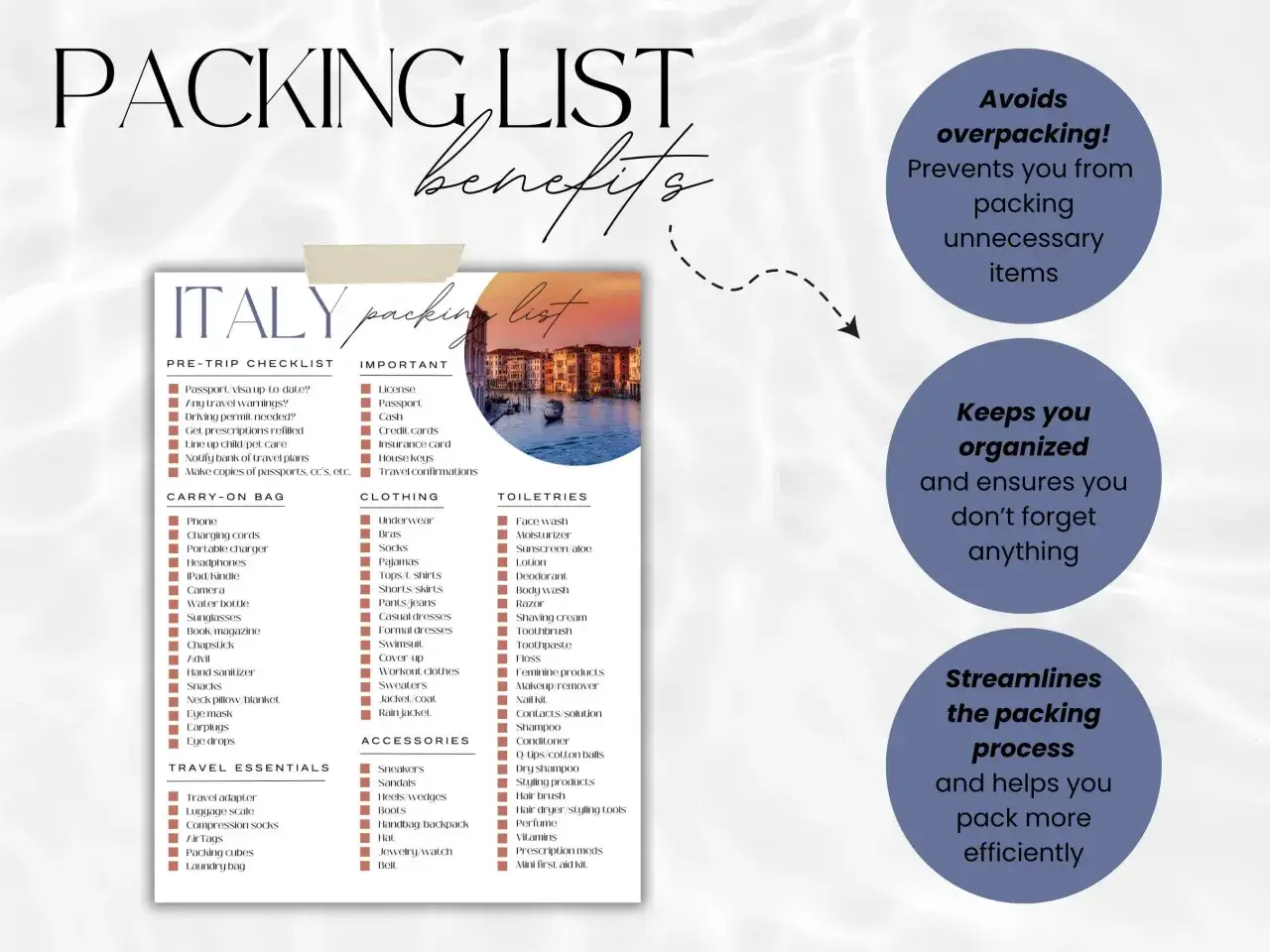 Packliste Italien: Checkliste f&uuml;r Kleidung, Toilettenartikel & mehr. Hilft, nichts zu vergessen und effizient zu packen.