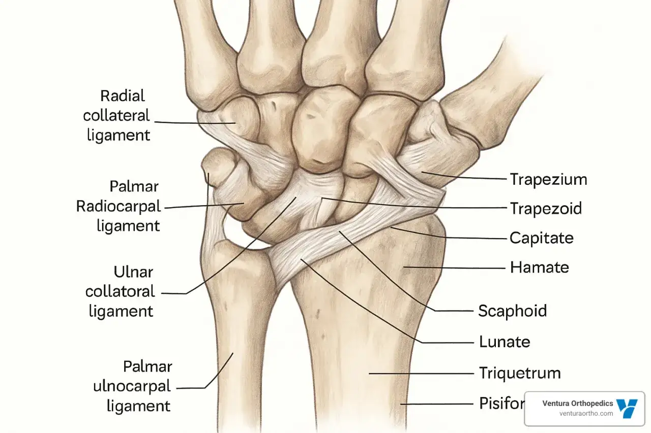 Anatomia del polso con legamenti e ossa etichettati. Illustrazione che mostra la mano distorsione polso, con legamenti come il collaterale radiale e carpale palmare.