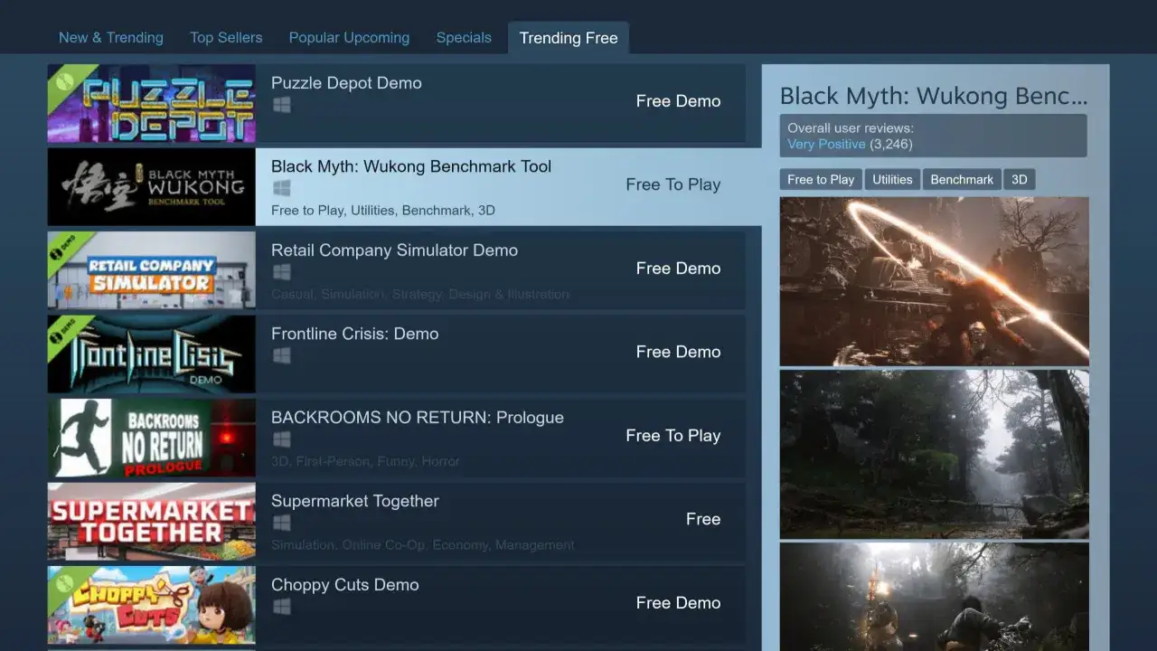 Explora juegos gratis Steam: demos de Puzzle Depot, Black Myth: Wukong, Retail Company Simulator y más. ¡Descarga y juega!