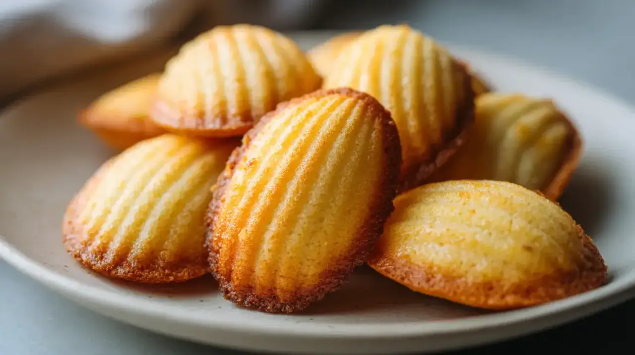 Une assiette de madeleines dorées, parfaites pour une recette de madeleine maison.
