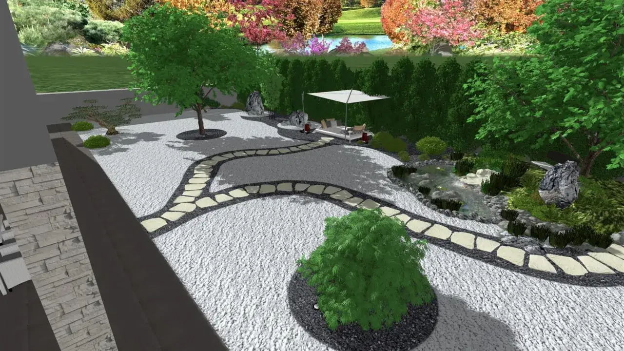 Un tranquillo giardino zen fai da te con sentieri in pietra, un laghetto, alberi e un'area relax sotto un ombrellone.