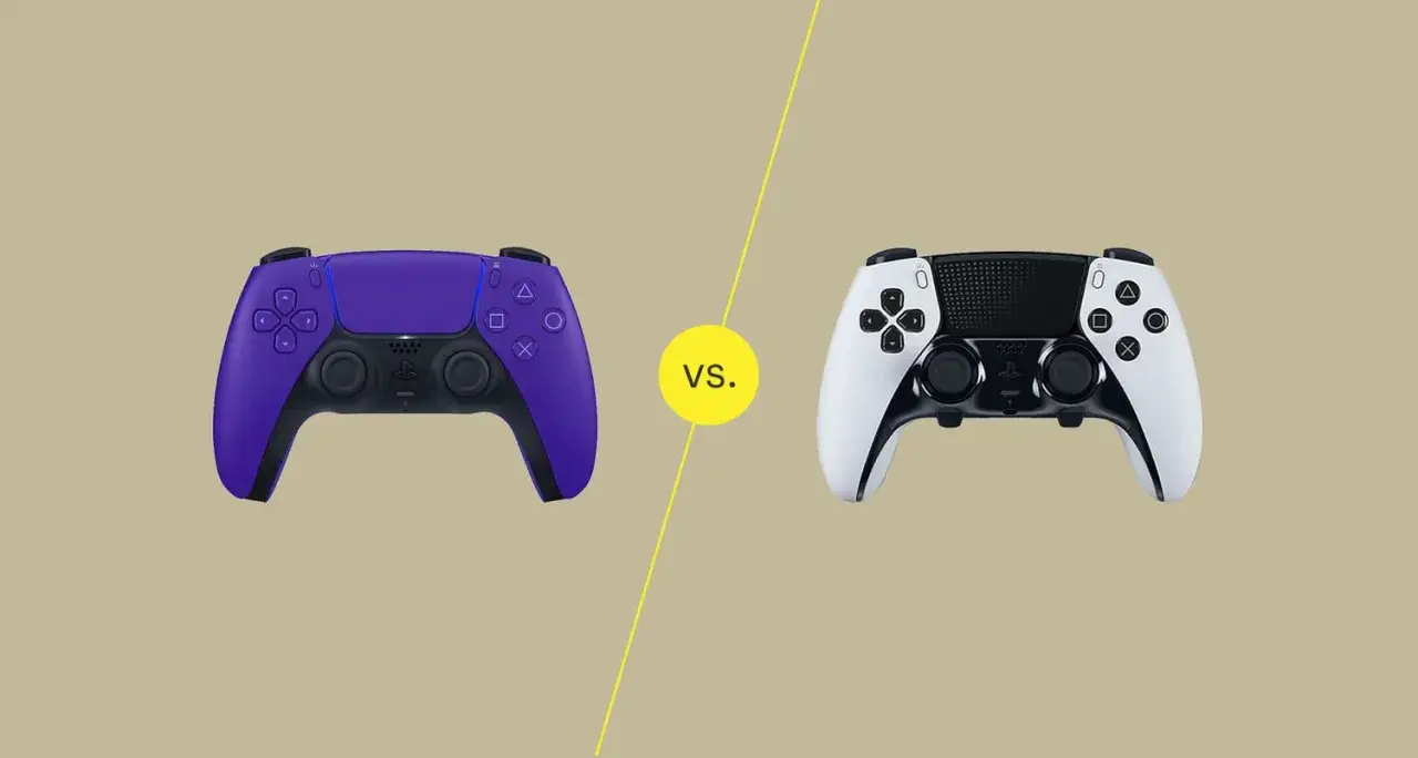 Zwei PS5 Controller im Test: ein violetter DualSense und ein weißer DualSense Edge.