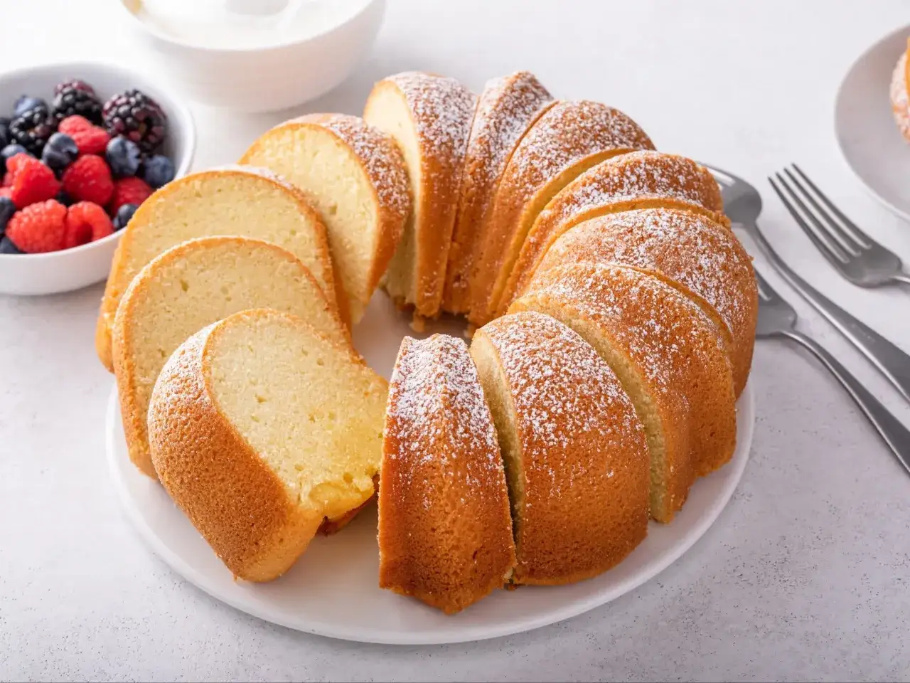 Wilgotna babka piaskowa Ewy Gotuje, oprószona cukrem pudrem, podana z owocami leśnymi i śmietaną. Idealna na deser.