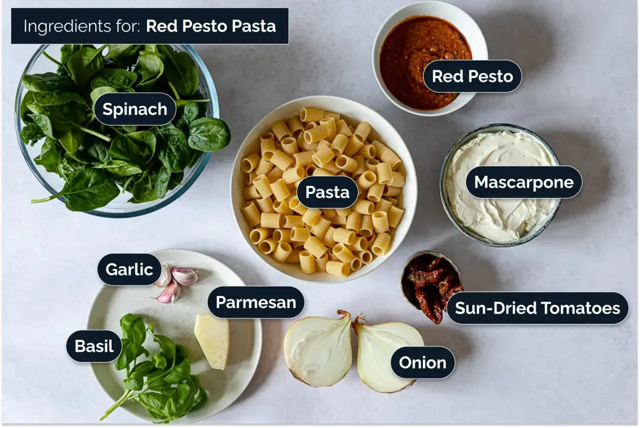 Ingrédients pour une recette de pesto rosso : pâtes, épinards, tomates séchées, basilic, ail, parmesan, oignon, mascarpone.