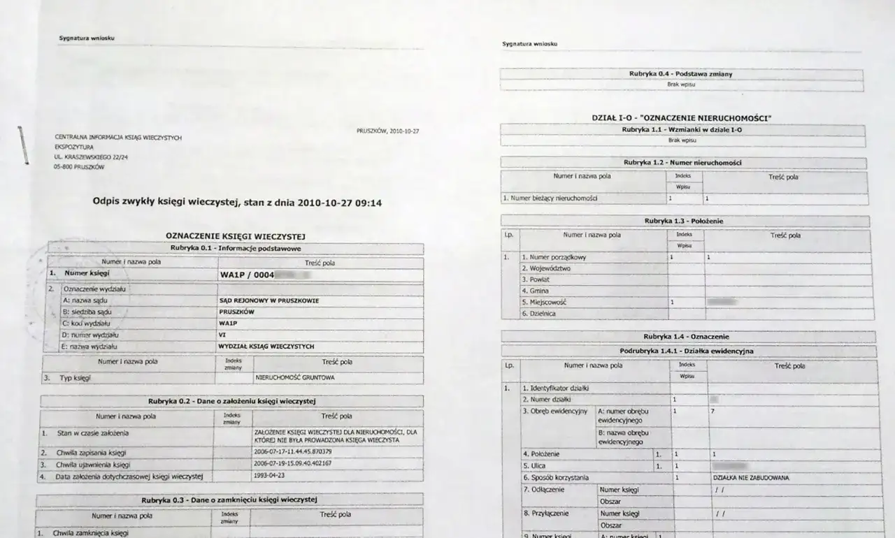 Odpis z księgi wieczystej - sprawdź dane działki, jej położenie i oznaczenie. To kluczowe, co sprawdzić przy kupnie działki.