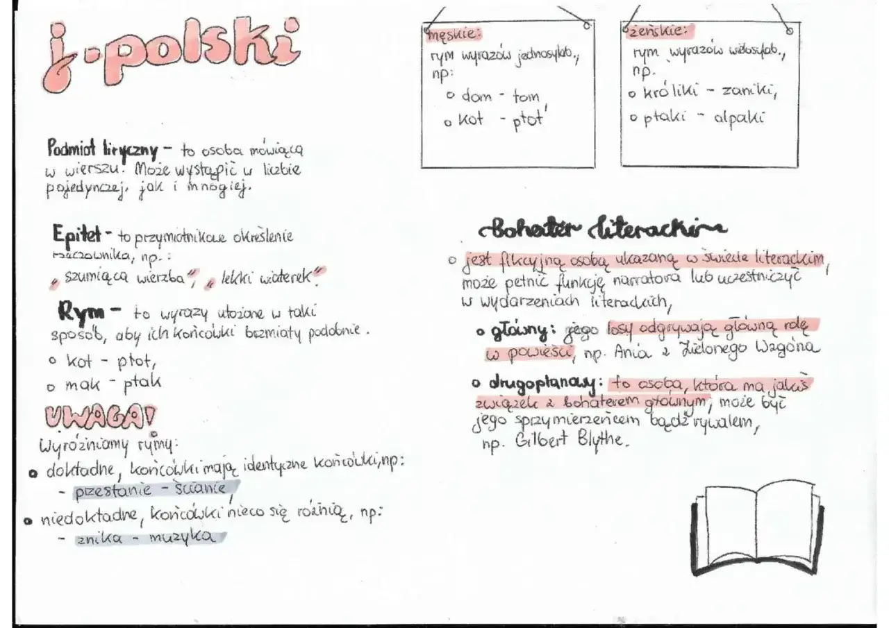 Notatki o języku polskim: podmiot liryczny, epitet, rym. Po prawej stronie definicje bohaterów literackich, głównych i drugoplanowych.