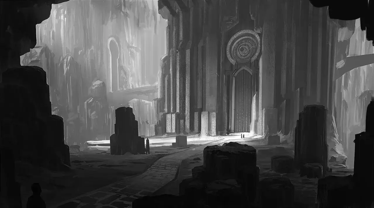 Dessin sur papier noir d'une immense salle orn&eacute;e de colonnes et d'une porte monumentale, &eacute;clair&eacute;e par une lumi&egrave;re myst&eacute;rieuse.