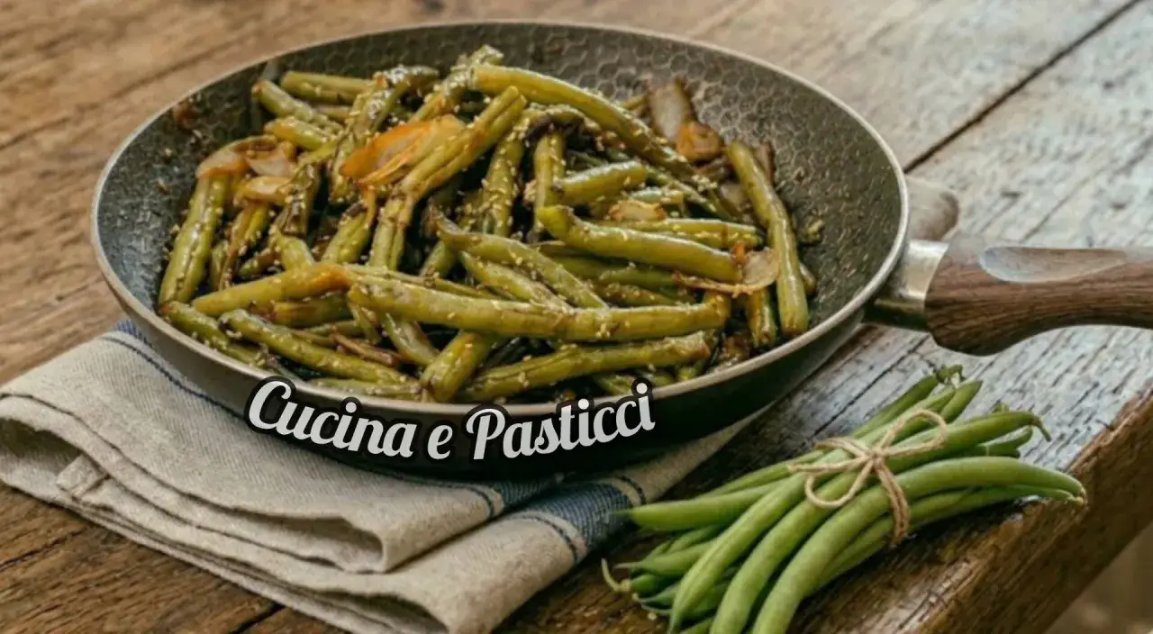 Fagiolini in padella, conditi con semi di sesamo e cipolla, pronti per essere gustati.