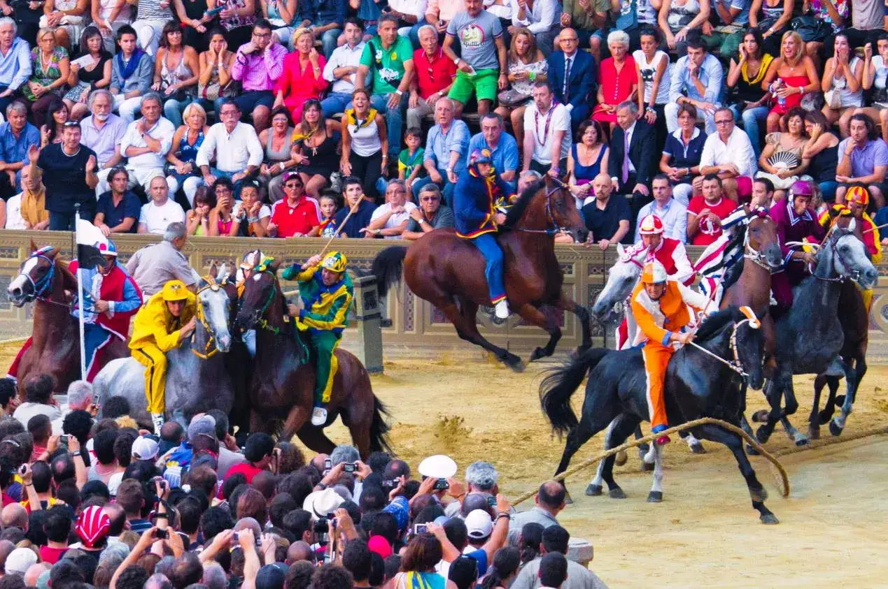 Jockeys in colorful silks race horses in the Palio di Siena, a thrilling spectacle for the cheering crowd.