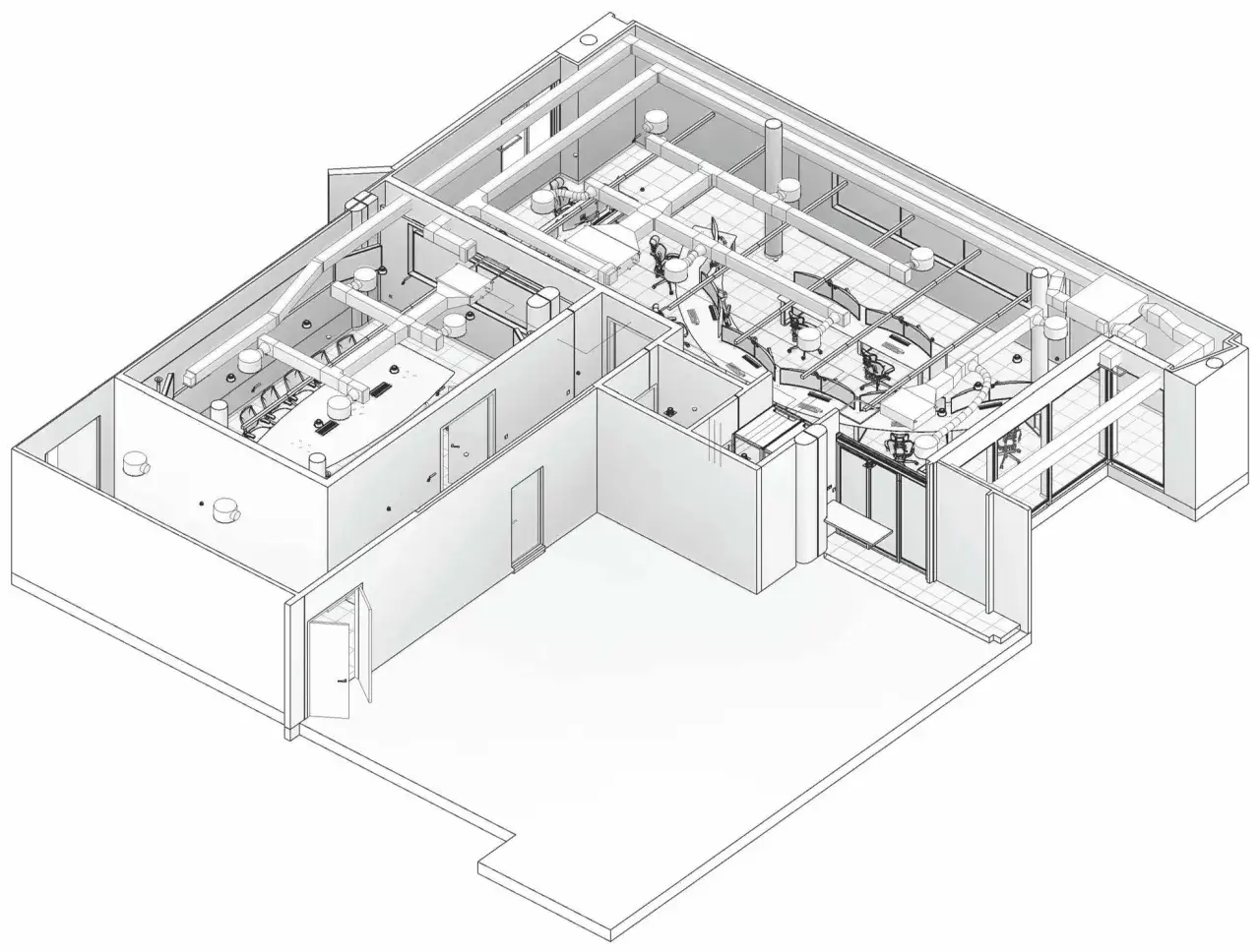 Planos as-built de oficinas con sistemas de ventilaci&oacute;n y mobiliario, cumpliendo la normativa vigente.