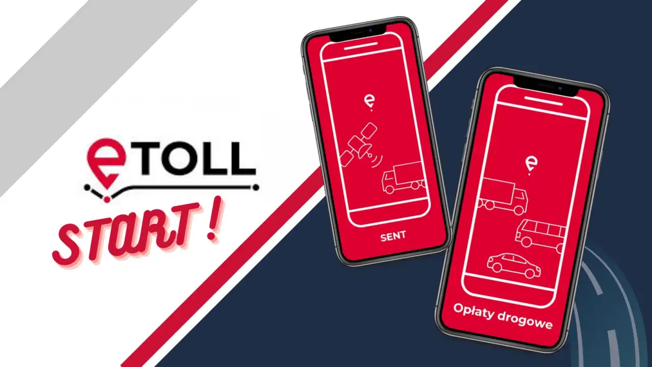 e-TOLL START! Dwa telefony pokazują aplikację do opłat drogowych. Jeden z nich ilustruje e-TOLL bilet jednorazowy z satelitą i ciężarówką.