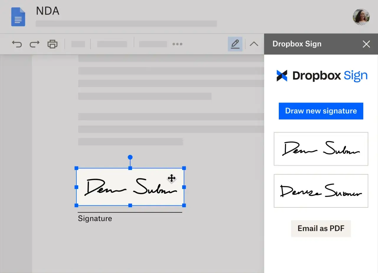Cómo firmar en Google Docs: se muestra una firma electrónica en un documento NDA, con opciones para dibujar una nueva firma o usar una existente.