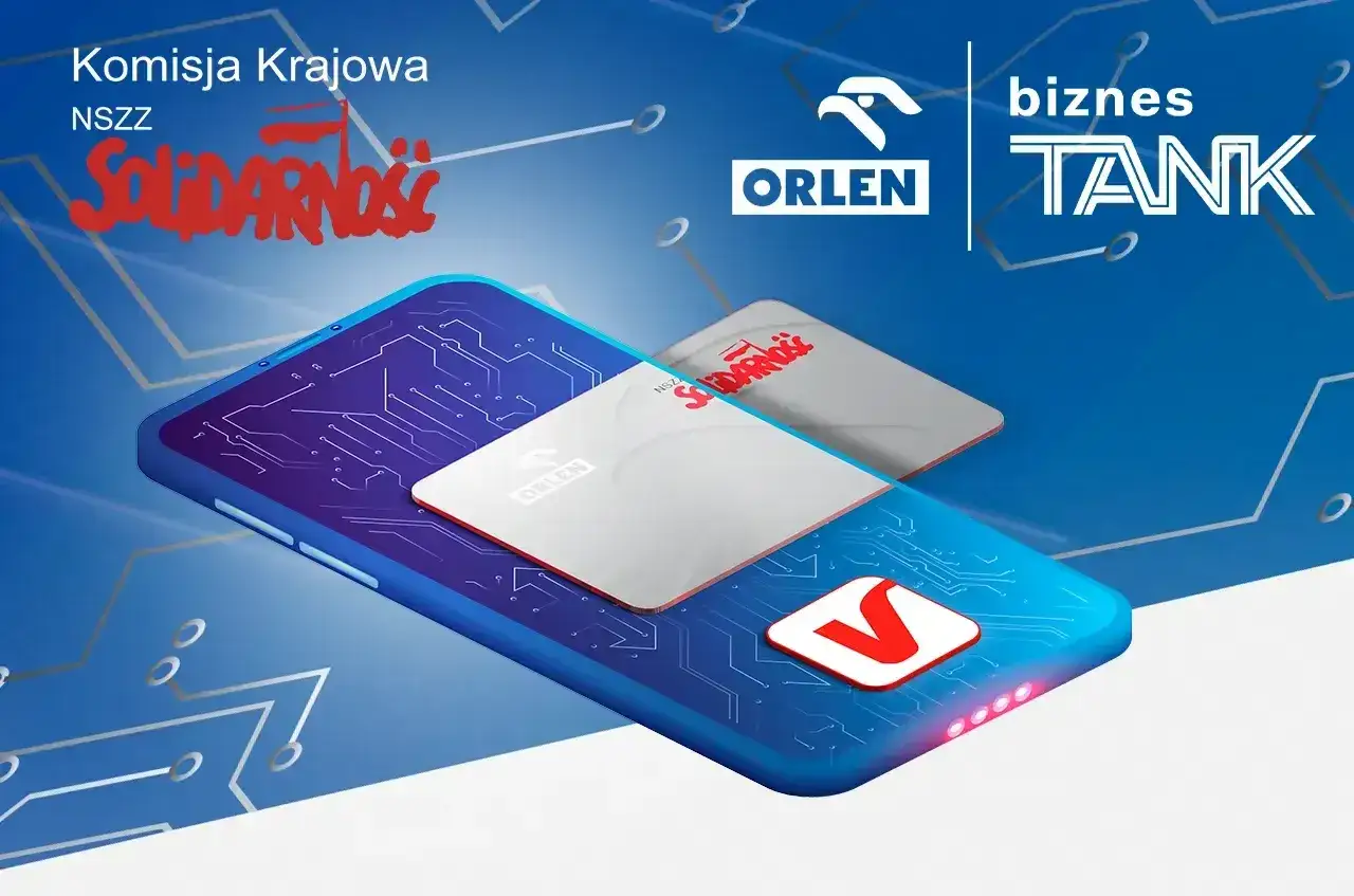 Smartfon z kartami Orlen Biznestank i logo NSZZ Solidarność. Cyfrowe obwody na ekranie.