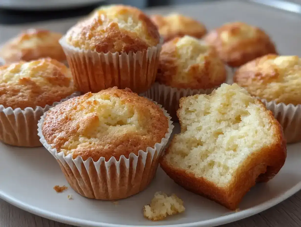 En tallrik med fluffiga vaniljmuffins, ett perfekt muffins recept. En muffin är uppäten.