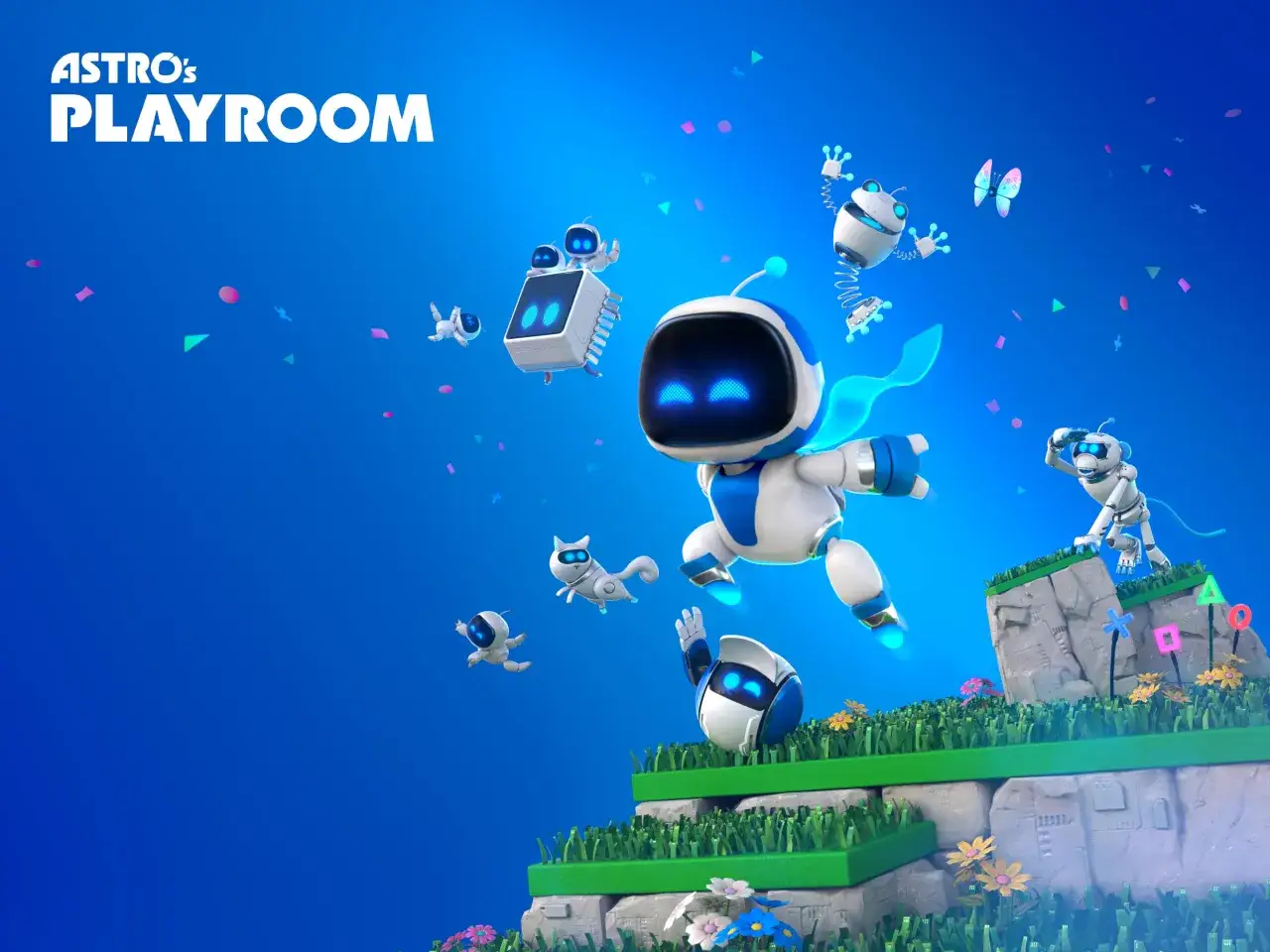 Astro Bot i jego przyjaciele bawią się w Astro's Playroom, skacząc i latając wśród kolorowych konfetti i motyli.
