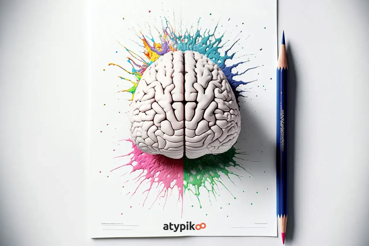 Cerveau blanc éclaboussé de couleurs vives, symbolisant un esprit hpi hétérogène. Un crayon bleu à côté suggère la créativité.
