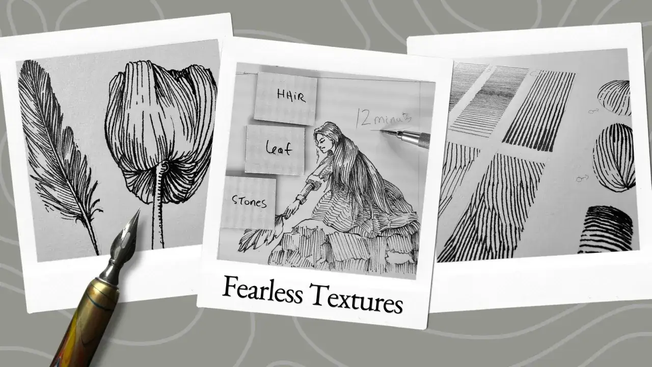 Trois instantan&eacute;s montrant des &eacute;tudes de textures en dessin &agrave; l'encre : une plume, une tulipe, une femme et des motifs ray&eacute;s.