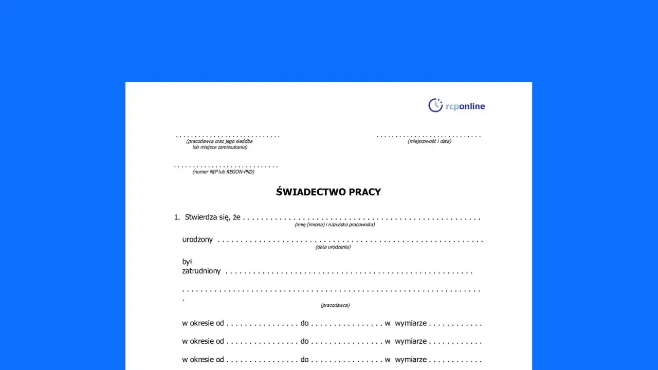 Formularz świadectwa pracy, zawierający dane pracodawcy i pracownika, potrzebny do sprostowanie świadectwa pracy.