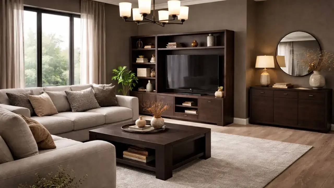 Sof&aacute; gris claro, mesa de centro oscura y mueble de TV con **colores elegantes** que crean un ambiente acogedor.