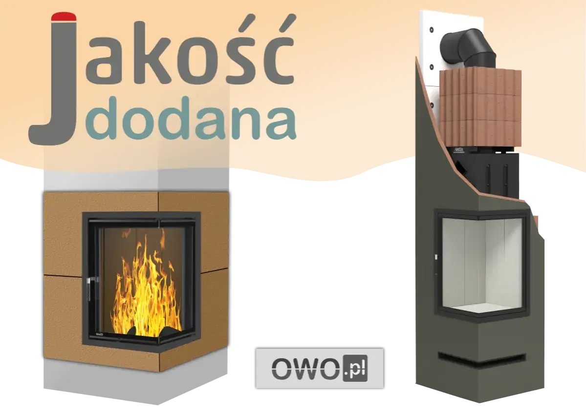 Wkład kominkowy z szamotem i palącym się ogniem, obok przekroju pokazujący jego budowę.