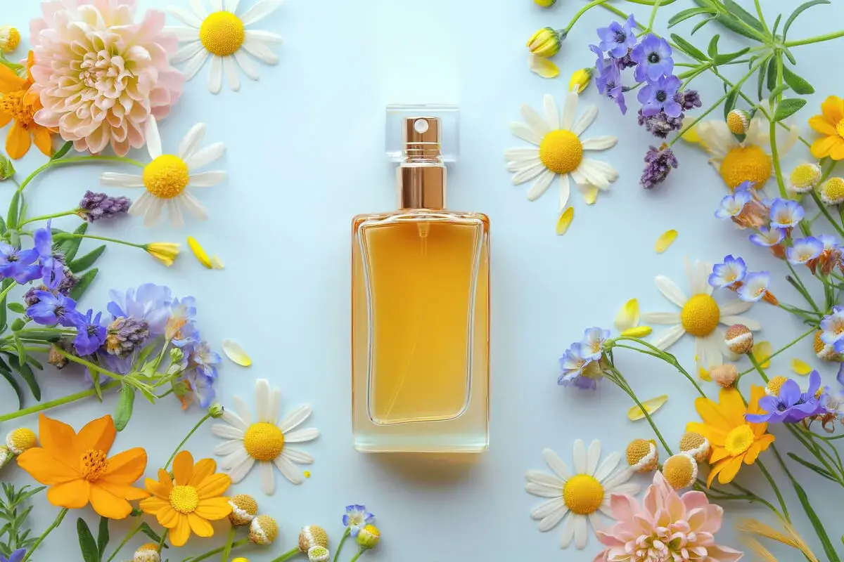 Elegancka butelka maison perfumy otoczona polnymi kwiatami. Zapach lata zamknięty w szkle.