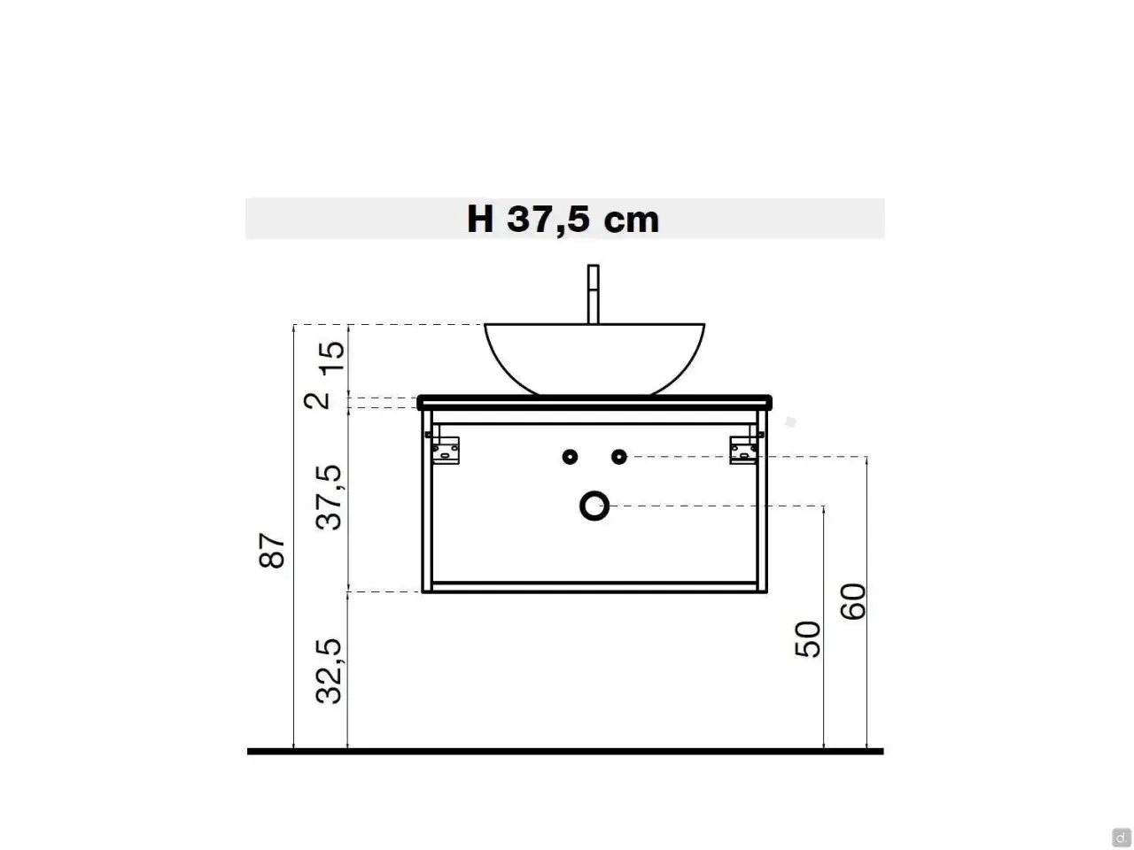 Disegno tecnico di un mobile bagno con lavabo. L'altezza totale del mobile &egrave; 87 cm, mentre l'altezza del lavabo &egrave; 37,5 cm.