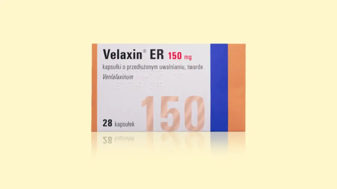 Opakowanie leku Velaxin ER 150 mg, zawierające 28 kapsułek o przedłużonym uwalnianiu. Substancją czynną jest wenlafaksyna, która może pomóc w poprawie nastroju.