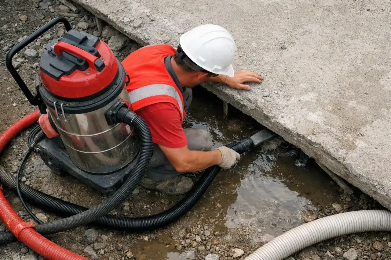 Un ouvrier utilise un aspirateur industriel pour évacuer l'eau sous une dalle de béton de 15 cm, optimisant le temps séchage.