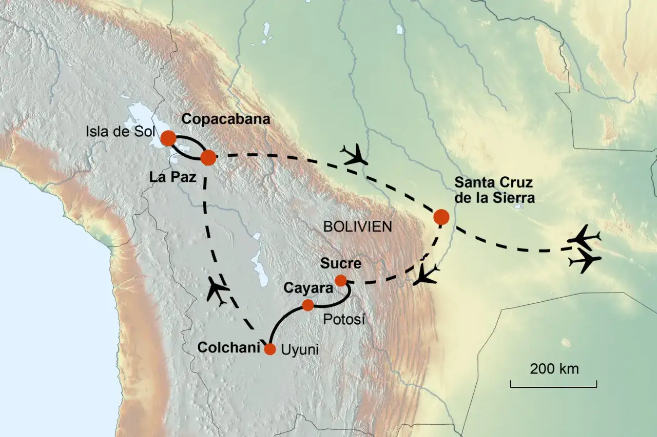 Reiseroute für Bolivien Backpacking: Von La Paz über Isla de Sol und Copacabana nach Sucre, Potosí, Uyuni und Santa Cruz. Flugzeugsymbole zeigen Reisen.