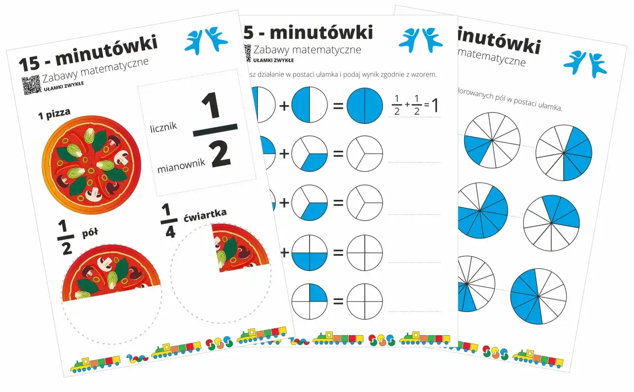 Zabawy matematyczne z ułamkami zwykłymi: pizza pokrojona na p&oacute;ł i ćwiartki, dodawanie ułamk&oacute;w na przykładzie k&oacute;ł podzielonych na części.