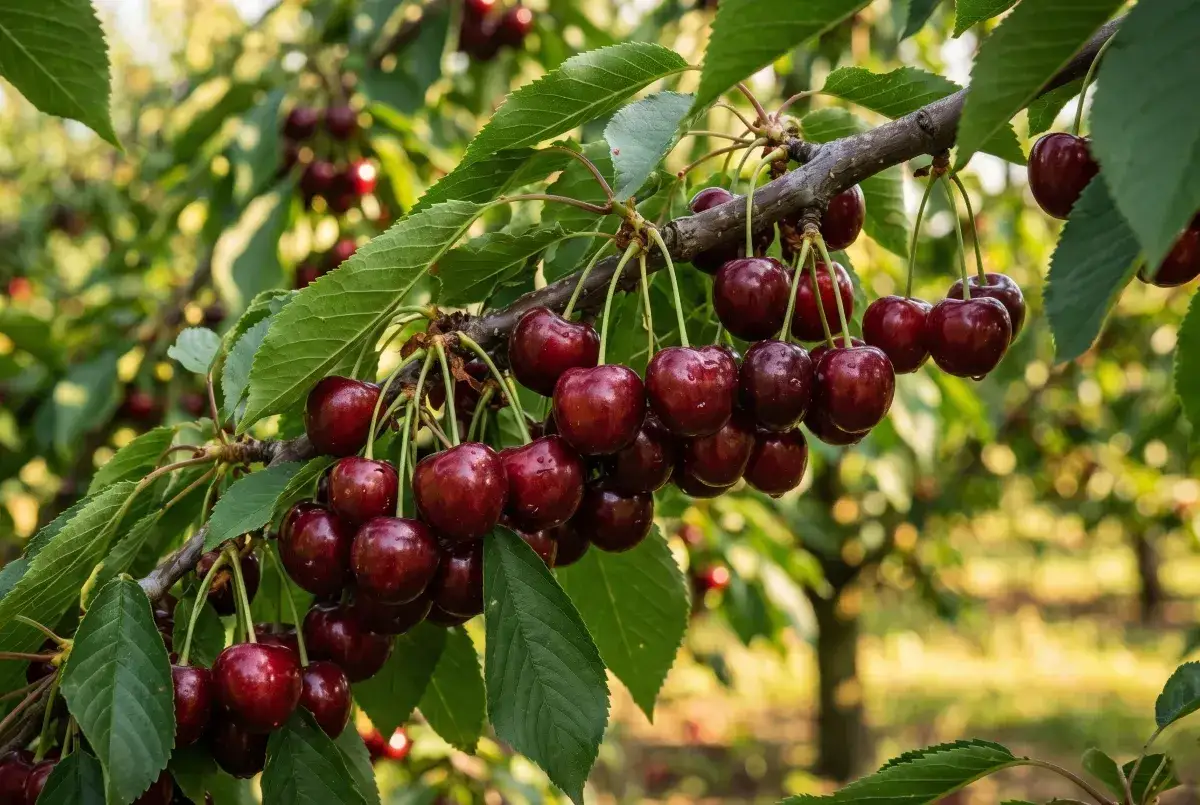 Doświadczysz lata przez cały rok, bo czereśnie można mrozić. Soczyste owoce wiszą na gałęziach w sadzie.