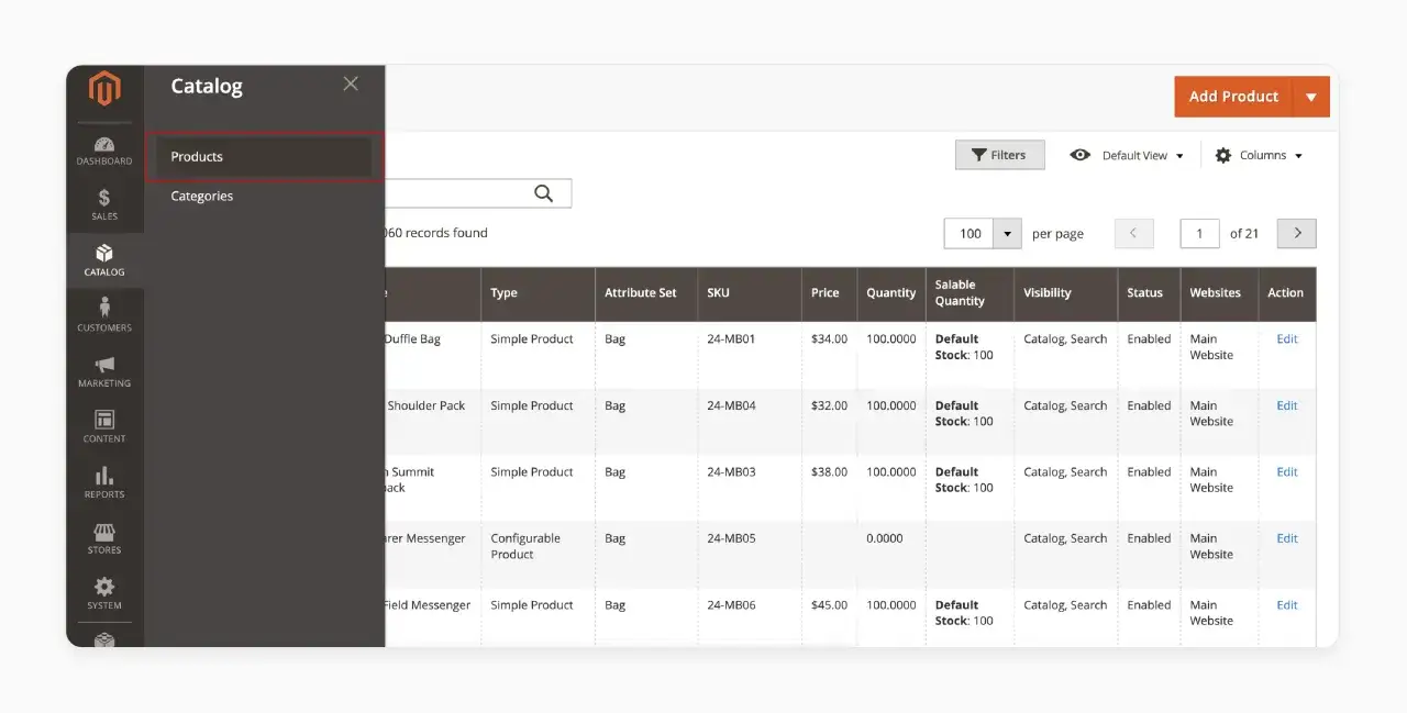 Panel de administraci&oacute;n de **que es Magento** mostrando la lista de productos. Se ven nombres, precios, stock y acciones.